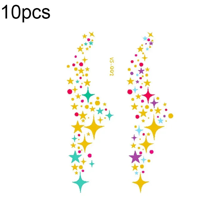 10 PCS Autocolantes de Tatuagem Facial para Festival de Música com Estampagem a Quente e à Prova de Água, VS-001, VS-002, VS-003, VS-004, VS-005, VS-006, VS-007, VS-008, VS-009, VS-010
