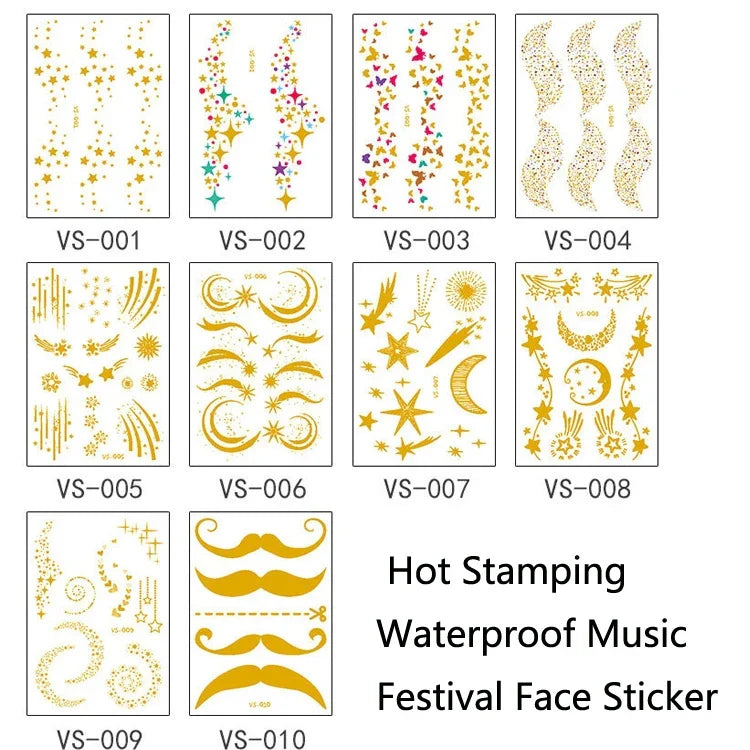 10 PCS Autocolantes de Tatuagem Facial para Festival de Música com Estampagem a Quente e à Prova de Água, VS-001, VS-002, VS-003, VS-004, VS-005, VS-006, VS-007, VS-008, VS-009, VS-010