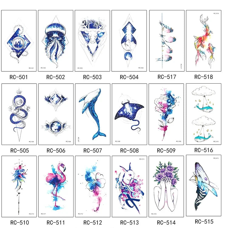 10 PCS Autocolantes de Tatuagem Pequenos e Frescos com Transferência de Água Colorida à Prova de Água, RC-501, RC-502, RC-503, RC-504, RC-505, RC-506, RC-507, RC-508, RC-509, RC-510, RC-511, RC-512, RC-513, RC-514, RC-515, RC-516