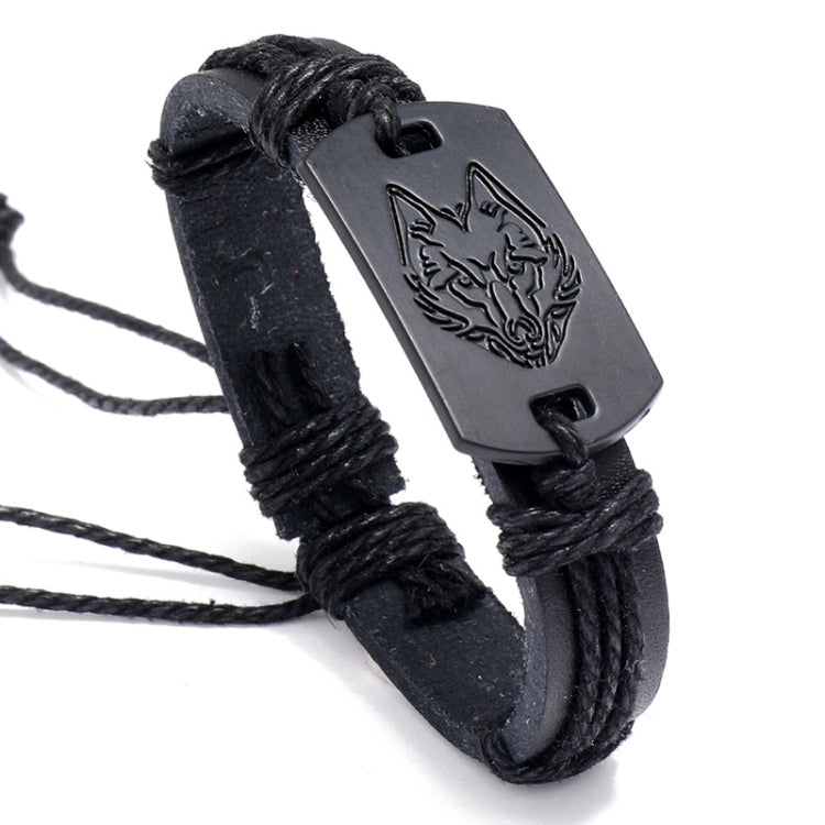 Pulseira Masculina de Couro com Cabeça de Lobo Trançada B01916, B01916
