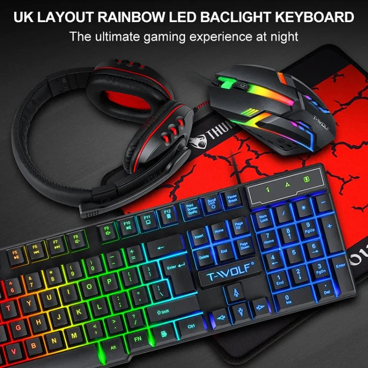 Conjunto de Teclado, Rato e Auscultadores Gaming Luminosos 4 em 1 T-WOLF TF-800