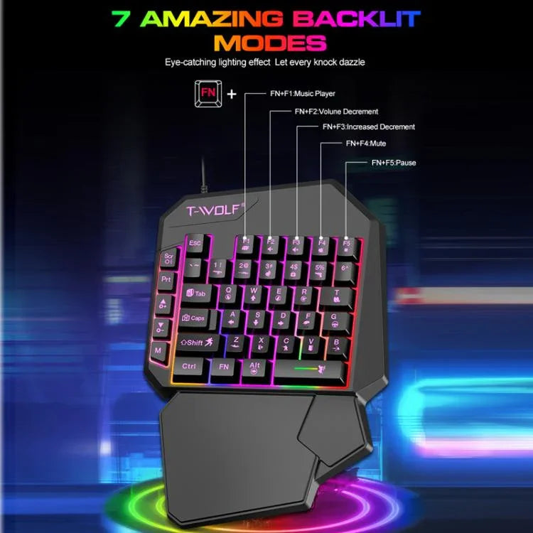 Teclado Gaming T-WOLF para Telemóvel de Uma Mão, Especificação:, Teclado T19, Conjunto TF-900, Teclado + Rato + Trono