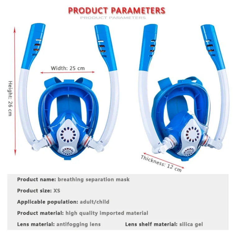 Máscara de Mergulho e Snorkeling de Silicone Seca Completa com Duplo Tubo para Crianças, Óculos de Natação, XS