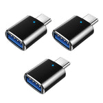 3 UNIDADES Adaptador OTG USB 3.0 Fêmea para USB-C / Tipo-C Macho com Luz Indicadora, 3 UNIDADES com Indicador
