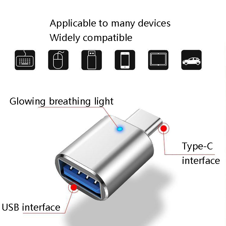 3 UNIDADES Adaptador OTG USB 3.0 Fêmea para USB-C / Tipo-C Macho com Luz Indicadora, 3 UNIDADES com Indicador