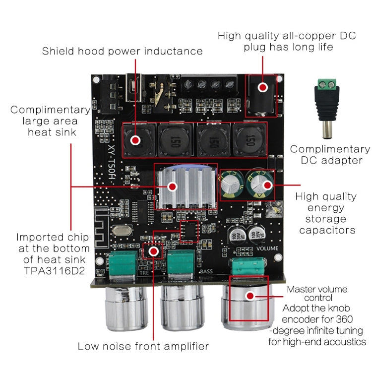 Módulo de Placa de Potência Digital Estéreo com Bluetooth 5.0 e Ajuste de Nível Prévio XINYI Sini T50H, Sini T50H