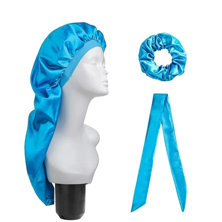 3 PCS/Conjunto Touca Longa para Cuidados de Cabelo + Turbante + Anel de Cabelo, Vermelho, Azul, Roxo, Preto, Branco, Laranja, Vermelho Rosado, Prateado, Champanhe, Azul Lago