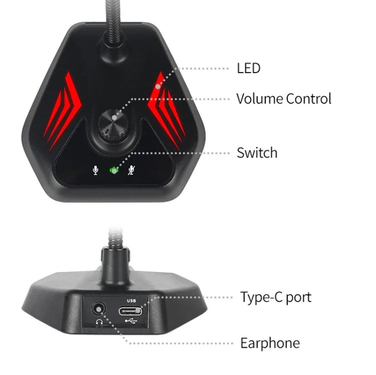 MI520 Microfone Condensador de Pescoço de Ganso para Computador de Secretária, Versão USB com Luz RGB Respiratória