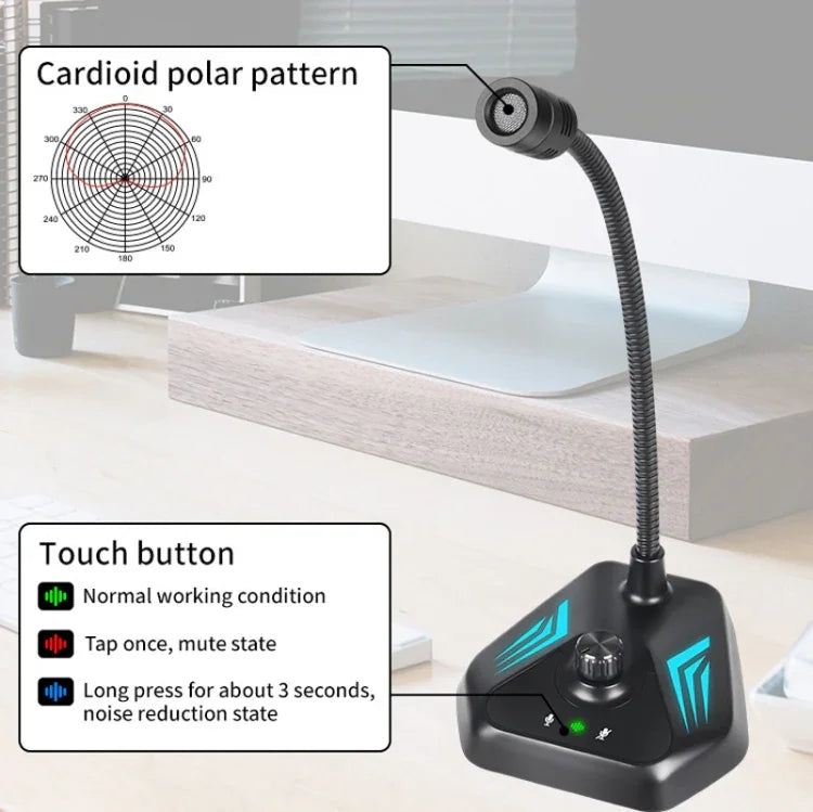 MI520 Microfone Condensador de Pescoço de Ganso para Computador de Secretária, Versão USB com Luz RGB Respiratória