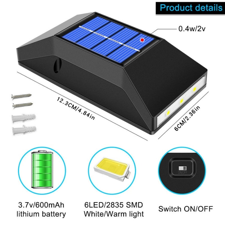 Luz de Parede Solar Decorativa Impermeável para Exterior, Especificações:, 6 LEDs Luz Branca, 6 LEDs Luz Quente