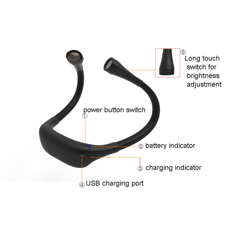 Candeeiro de Pescoço para Pendurar, Candeeiro LED de Leitura com Proteção para os Olhos para Estudante, USB Recarregável, Candeeiro de Livro, Branco, Preto