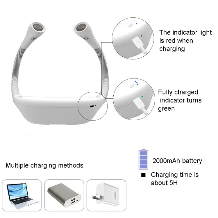 Candeeiro de Pescoço para Pendurar, Candeeiro LED de Leitura com Proteção para os Olhos para Estudante, USB Recarregável, Candeeiro de Livro, Branco, Preto