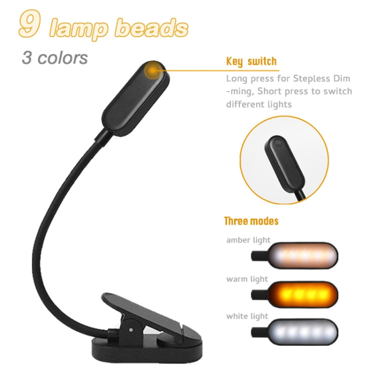 Candeeiro de Secretária Mini com Clipe e 9 LEDs, Carregamento USB, Candeeiro de Leitura com Proteção para os Olhos para Estudante, Azul e Branco, Preto