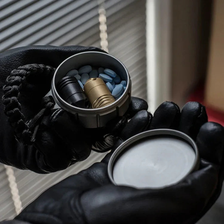 Caixa portátil para armazenamento de comprimidos em aço inoxidável para primeiros socorros, Preto, Prateado