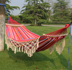 Rede de Campismo Dupla com Franjas 200x150cm para Exterior com Varas, Risca Colorida, Risca Rosa, Branco
