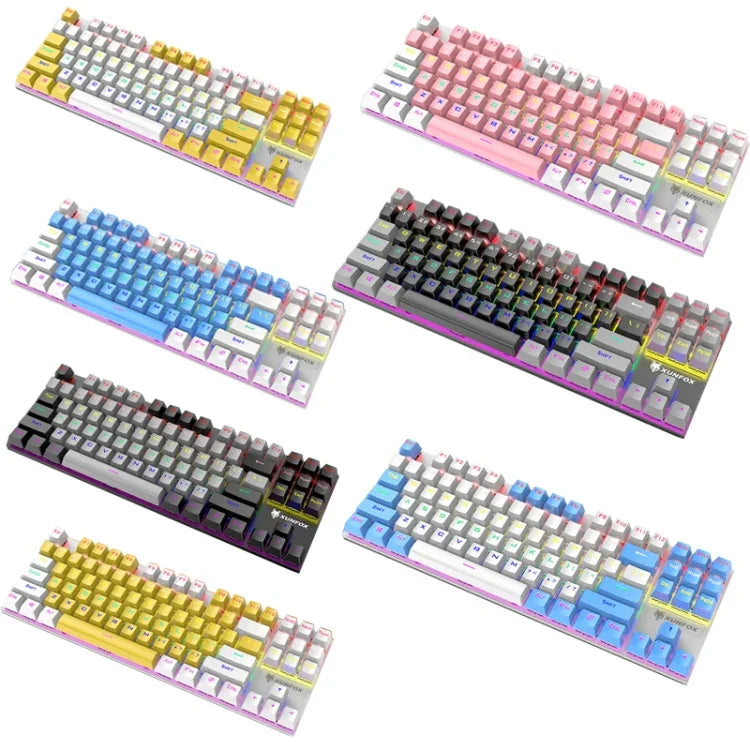 Teclado Mecânico Iluminado para Jogos Com Fios XUNFOX K80 87 Teclas, Comprimento do Cabo: 1,5m, Branco Amarelo, Preto Cinzento, Rosa Branco, Azul Branco, Branco Azul, Amarelo Branco, Cinzento Preto