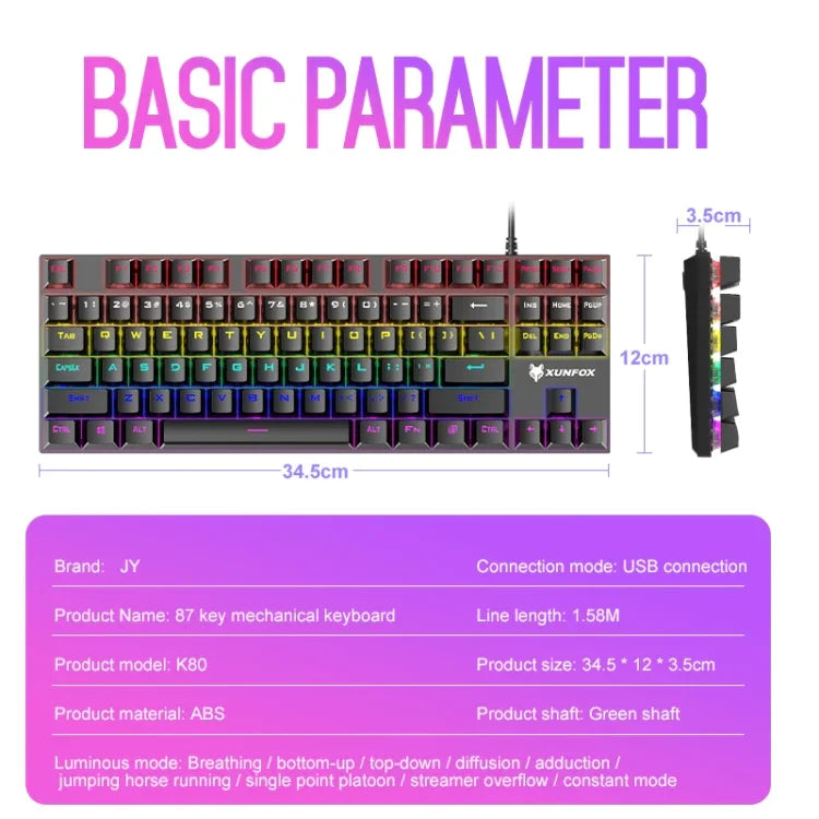 Teclado Mecânico Iluminado para Jogos Com Fios XUNFOX K80 87 Teclas, Comprimento do Cabo: 1,5m, Branco Amarelo, Preto Cinzento, Rosa Branco, Azul Branco, Branco Azul, Amarelo Branco, Cinzento Preto