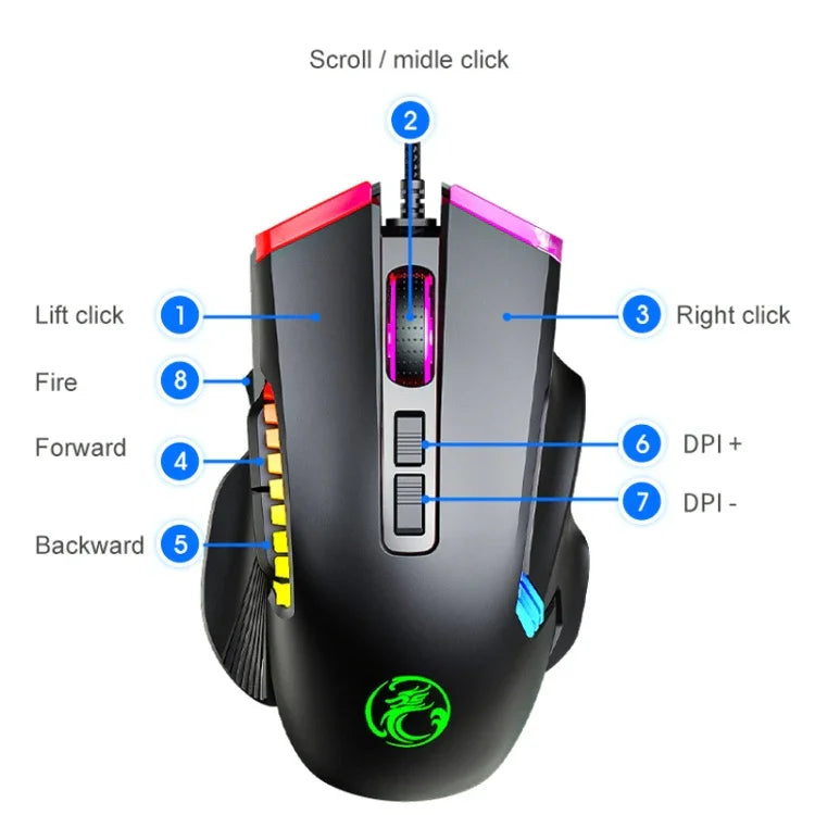 Rato para Jogos IMICE T70 com 8 Botões, Iluminação RGB, 7200 DPI Programável com Fio, Comprimento do Cabo: 1,8m, T70