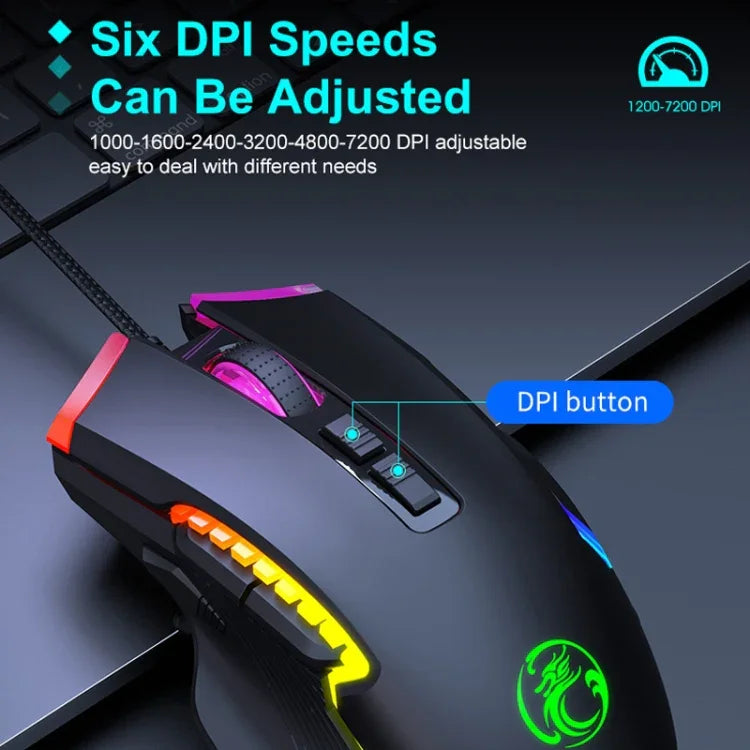 Rato para Jogos IMICE T70 com 8 Botões, Iluminação RGB, 7200 DPI Programável com Fio, Comprimento do Cabo: 1,8m, T70