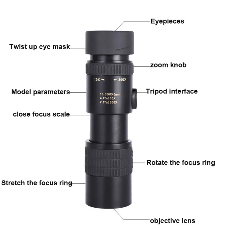 Monóculo 10-300x40 HD Telescópio Prisma BAK4, Estilo:, Standard