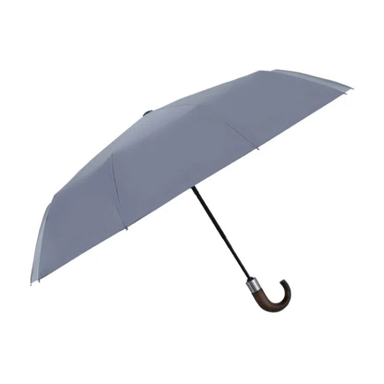 Guarda-chuva Automático de Três Dobras com Cabo Curvo em Madeira Maciça e 10 Costelas PARACHASE, Cinzento, Preto, Azul Marinho