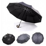 Guarda-chuva Automático de Três Dobras com Cabo Curvo em Madeira Maciça e 10 Costelas PARACHASE, Cinzento, Preto, Azul Marinho