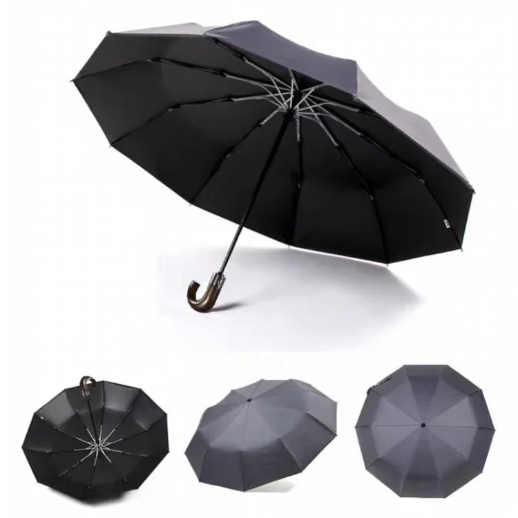 Guarda-chuva Automático de Três Dobras com Cabo Curvo em Madeira Maciça e 10 Costelas PARACHASE, Cinzento, Preto, Azul Marinho