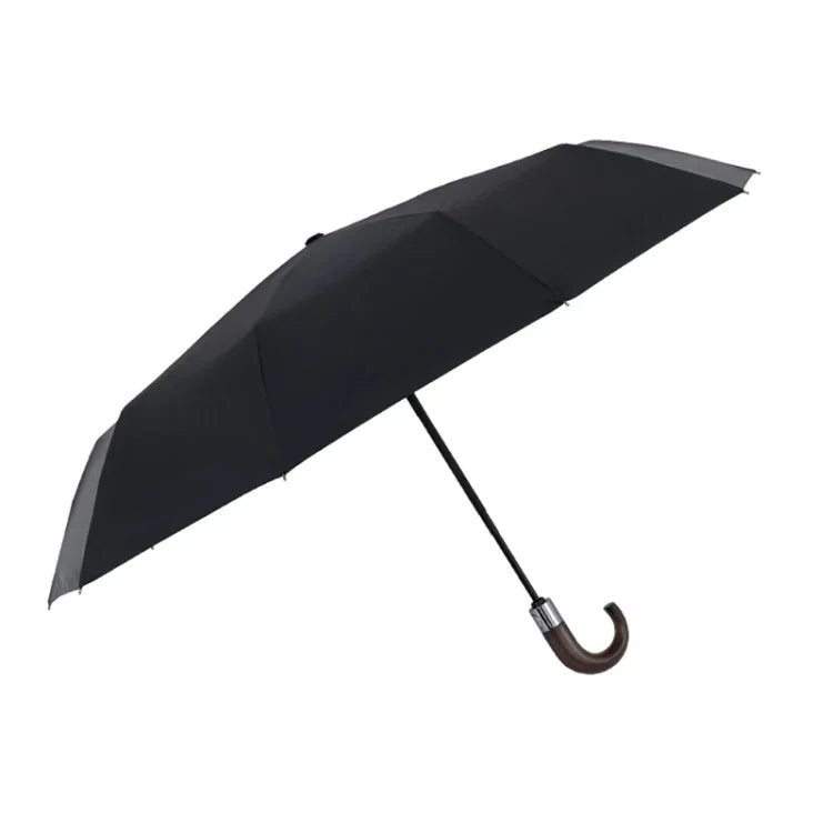 Guarda-chuva Automático de Três Dobras com Cabo Curvo em Madeira Maciça e 10 Costelas PARACHASE, Cinzento, Preto, Azul Marinho