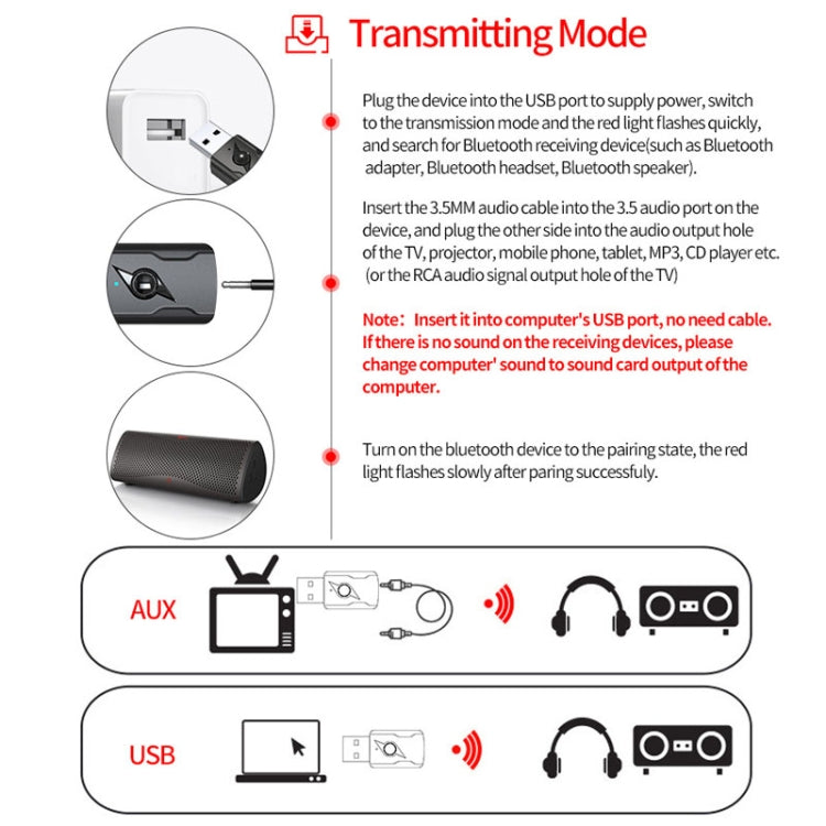 Transmissor Bluetooth 5.0 Receptor AUX Adaptador de Áudio USB com Saída Dupla para Computador, M136
