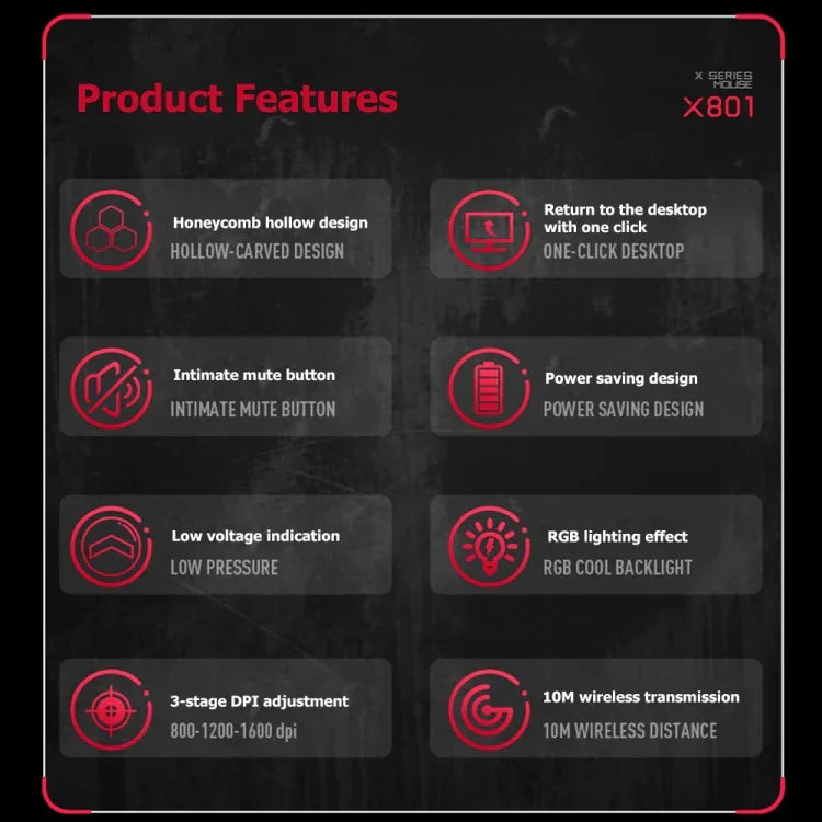 FMOUSE X801 rato de jogo e escritório com 8 teclas, 1600DPI, luminoso oco, estilo: preto sem fios recarregável, branco sem fios recarregável, preto com fios, branco com fios