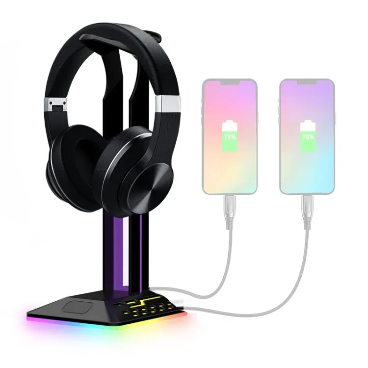Suporte para Auscultadores Gaming com Duas Portas USB RGB com Mudança de Cor