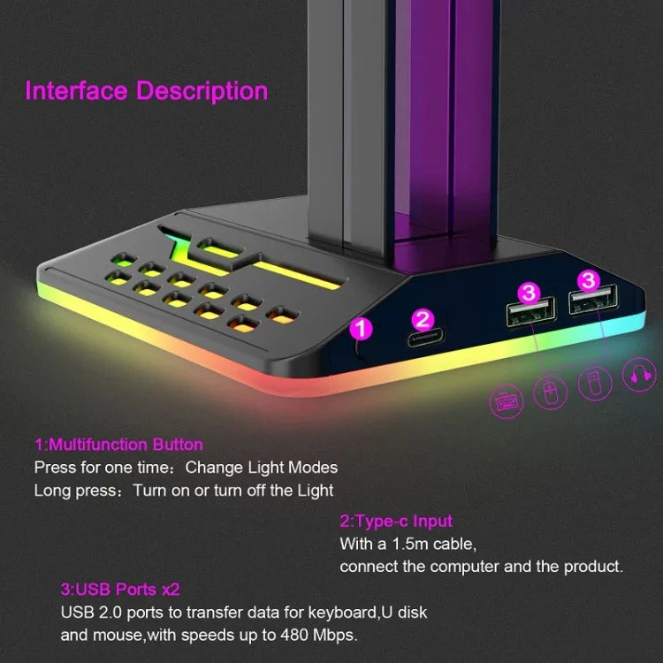 Suporte para Auscultadores Gaming com Duas Portas USB RGB com Mudança de Cor