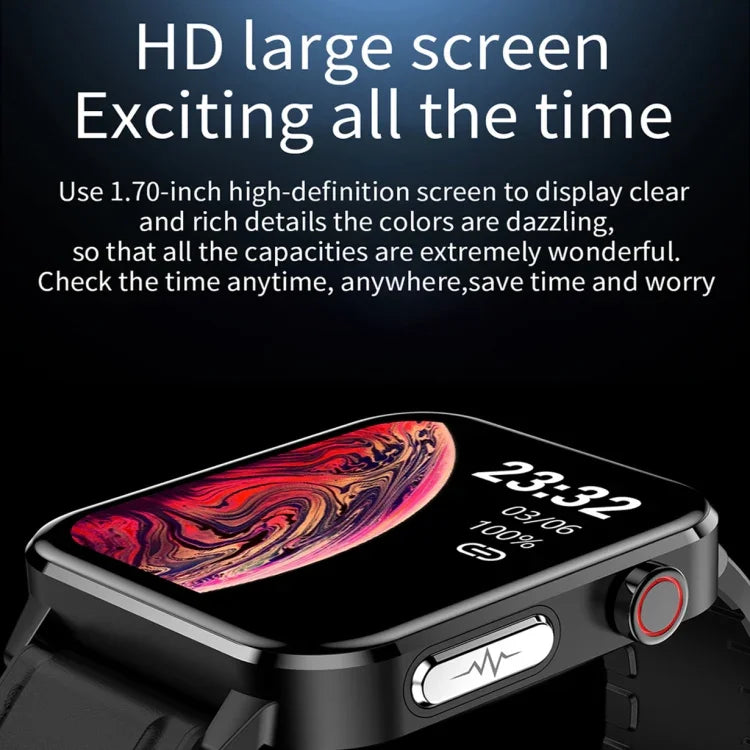 LOANIY E86 Smartwatch Bluetooth com Monitorização de Frequência Cardíaca de 1,7 polegadas, Azul, Preto, Vermelho, Couro Preto, Couro Castanho, Aço Preto