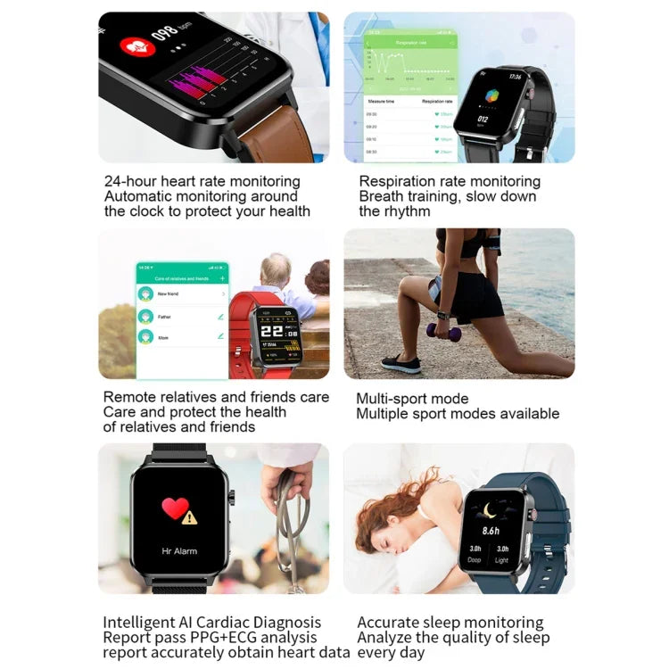 LOANIY E86 Smartwatch Bluetooth com Monitorização de Frequência Cardíaca de 1,7 polegadas, Azul, Preto, Vermelho, Couro Preto, Couro Castanho, Aço Preto