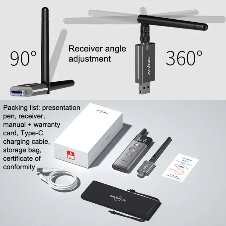 ASiNG A10 Caneta para Virar Páginas PPT com Luz Verde, Caneta de Apresentação com Controlo Remoto, Capacidade:, A10 128M (Cinzento), A10 32G (Cinzento)