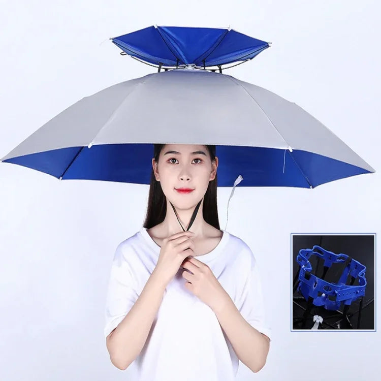 Double-layer Fishing Umbrella Hat Outdoor Sunscreen And Rainproof Folding Umbrella Hat, 95 Blue (Elastic Band), 95 Silver (Elastic Band), 95 Blue (Rubber Sleeve), 95 Silver (Rubber Sleeve), 80 Blue, 80 Camellia, 95 Blue Vinyl (Rubber Sleeve)