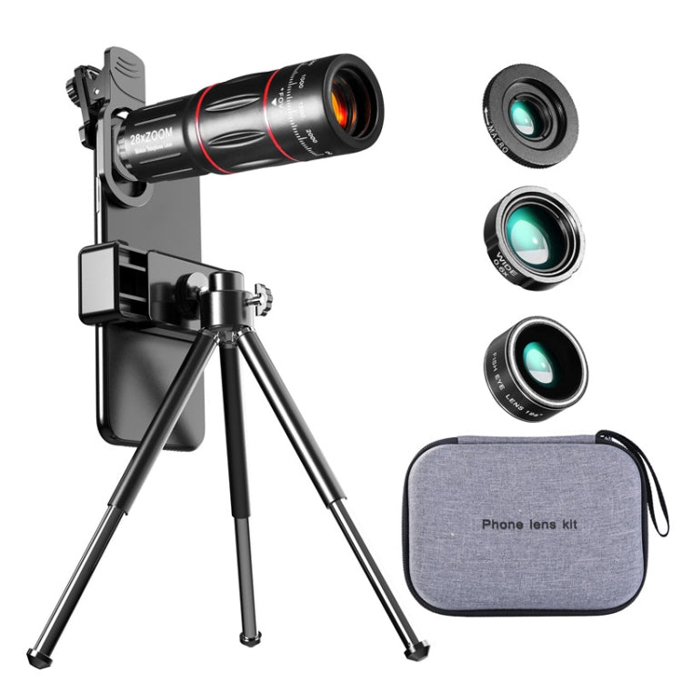 Conjunto Universal de Lentes para Telemóvel Telescópio 28X + Grande Angular 0.6X + Macro 20X + Olho de Peixe 198 Graus, Conjunto Multi-combinação
