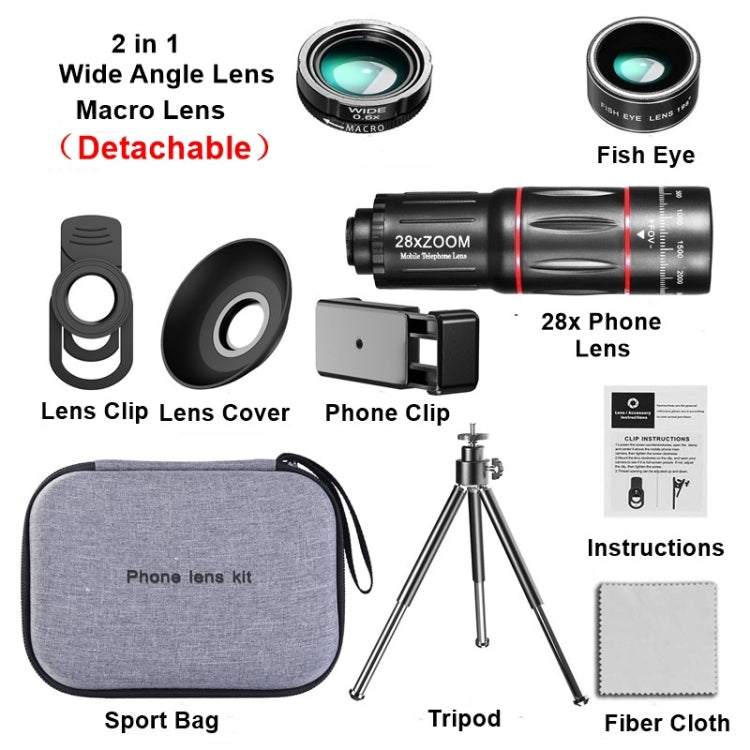 Conjunto Universal de Lentes para Telemóvel Telescópio 28X + Grande Angular 0.6X + Macro 20X + Olho de Peixe 198 Graus, Conjunto Multi-combinação