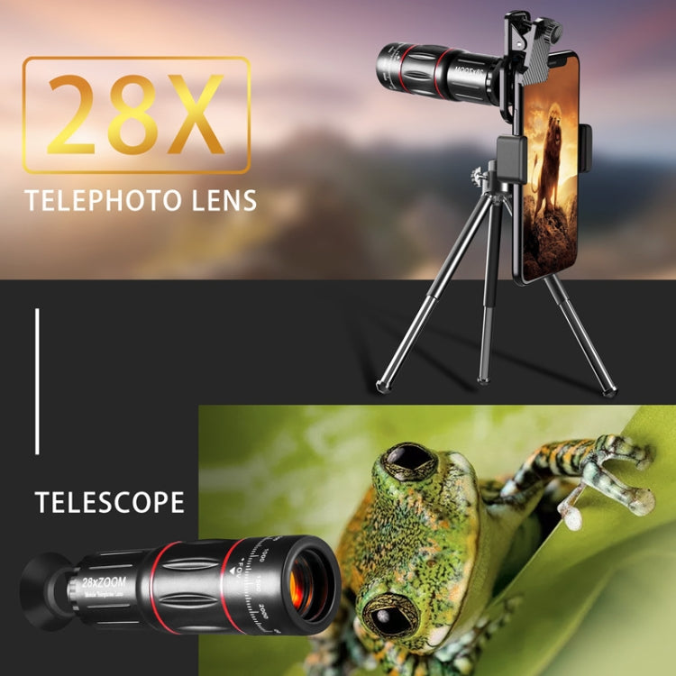 Conjunto Universal de Lentes para Telemóvel Telescópio 28X + Grande Angular 0.6X + Macro 20X + Olho de Peixe 198 Graus, Conjunto Multi-combinação