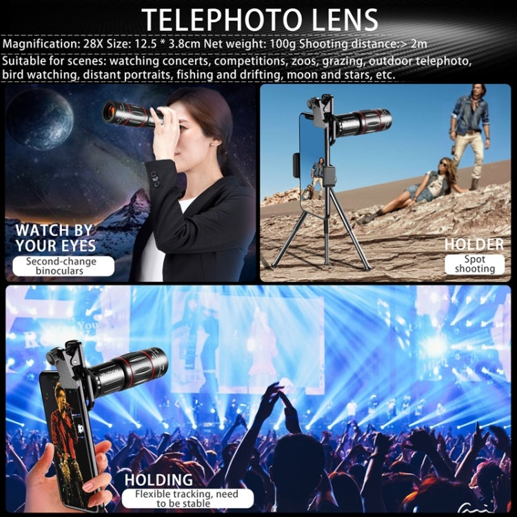 Conjunto Universal de Lentes para Telemóvel Telescópio 28X + Grande Angular 0.6X + Macro 20X + Olho de Peixe 198 Graus, Conjunto Multi-combinação