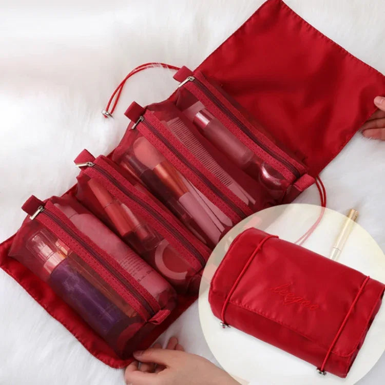 Bolsa Cosmética Impermeável de Malha Portátil para Viagem Feminina 4 em 1, Vermelho, Verde, Preto, Violeta, Caqui, Rosa Cereja