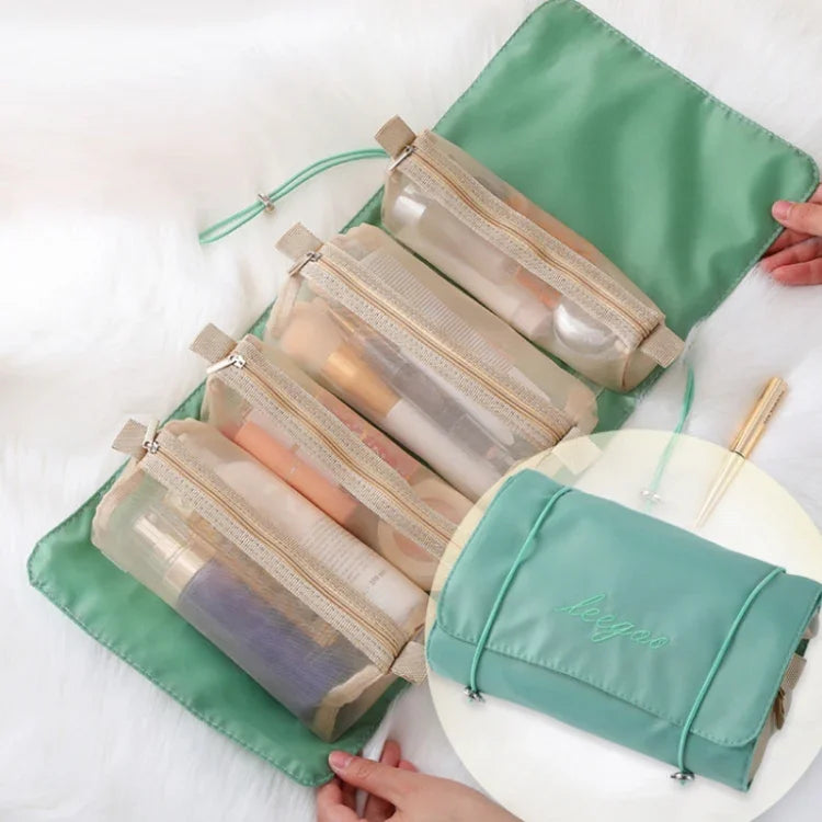 Bolsa Cosmética Impermeável de Malha Portátil para Viagem Feminina 4 em 1, Vermelho, Verde, Preto, Violeta, Caqui, Rosa Cereja