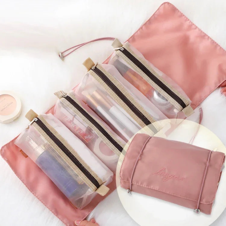 Bolsa Cosmética Impermeável de Malha Portátil para Viagem Feminina 4 em 1, Vermelho, Verde, Preto, Violeta, Caqui, Rosa Cereja