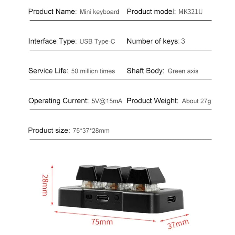 MK321 Teclado Programável com 3 Teclas Personalizadas para Jogos e Escritório, Comprimento do Cabo: 1,5m, Branco, Preto