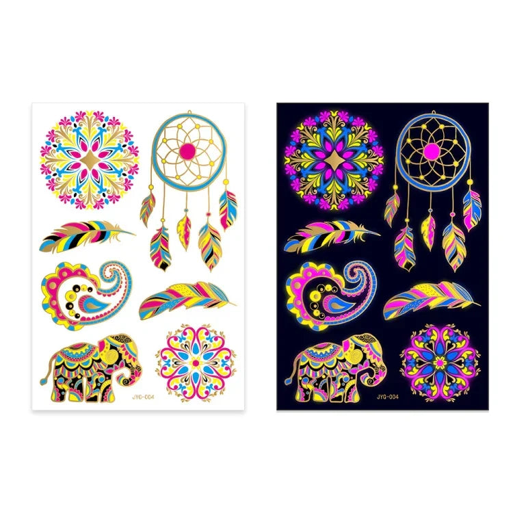 2 PCS Autocolantes de Tatuagem Fluorescentes com Bronzeamento à Prova de Água, JYG-001, JYG-002, JYG-003, JYG-004, JYG-005, JYG-006, JYG-007, JYG-008