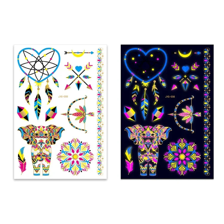 2 PCS Autocolantes de Tatuagem Fluorescentes com Bronzeamento à Prova de Água, JYG-001, JYG-002, JYG-003, JYG-004, JYG-005, JYG-006, JYG-007, JYG-008