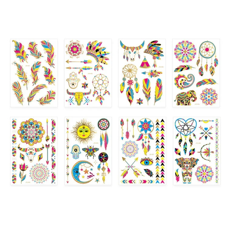 2 PCS Autocolantes de Tatuagem Fluorescentes com Bronzeamento à Prova de Água, JYG-001, JYG-002, JYG-003, JYG-004, JYG-005, JYG-006, JYG-007, JYG-008