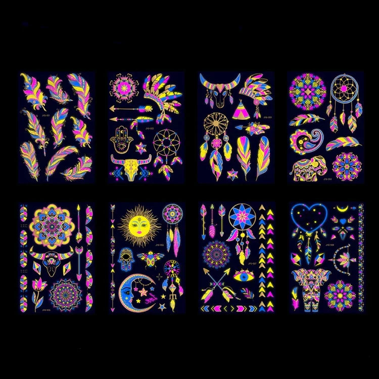 2 PCS Autocolantes de Tatuagem Fluorescentes com Bronzeamento à Prova de Água, JYG-001, JYG-002, JYG-003, JYG-004, JYG-005, JYG-006, JYG-007, JYG-008