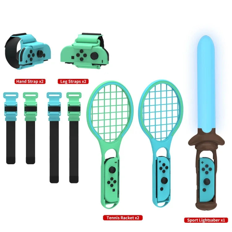 Conjunto Desportivo 7 em 1 DOBE TNS-2123 com Sabre de Luz, Correia para Perna, Raquete de Ténis e Correia para Pulso para Nintendo Switch, DOBE 7 em 1