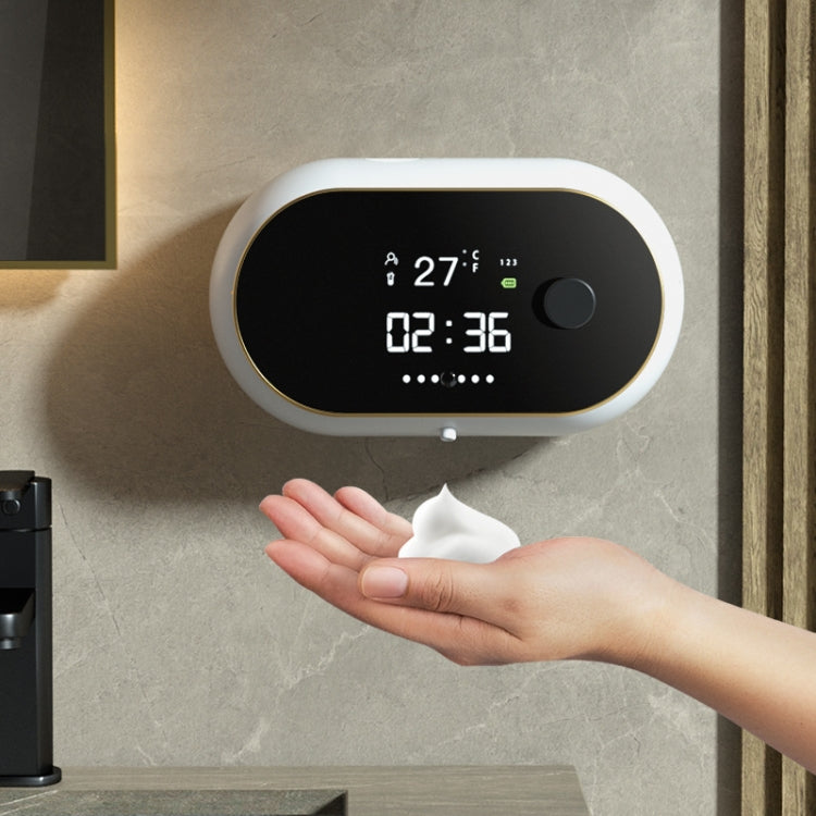 Dispensador automático de sabão em espuma montado na parede com carregamento USB e ecrã de hora e temperatura, Branco, Preto